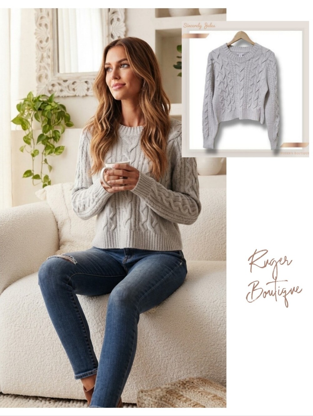 🌿Sincerely Jules Grey Cable Knit Cropped Sweater XL Chunky Braided Pullover
